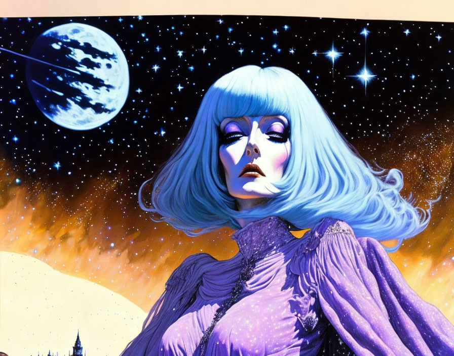 Fantastical illustration of woman with blue hair and makeup in purple outfit against cosmic backdrop