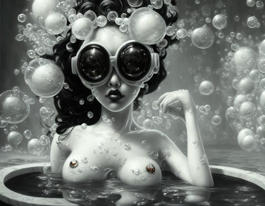 Monochrome image of person with goggles, bubbles, ladybug, and water scene