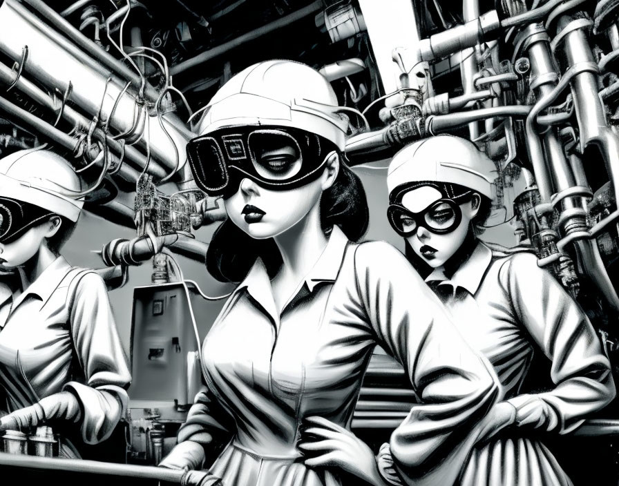 Monochrome illustration of two women with goggles in industrial setting