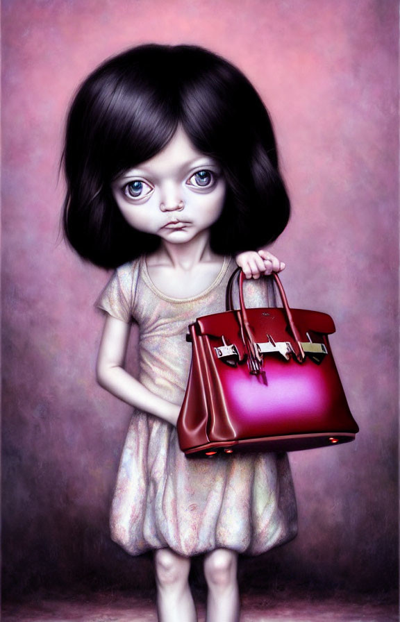 Wide-eyed girl with dark hair holding red handbag on soft pink background