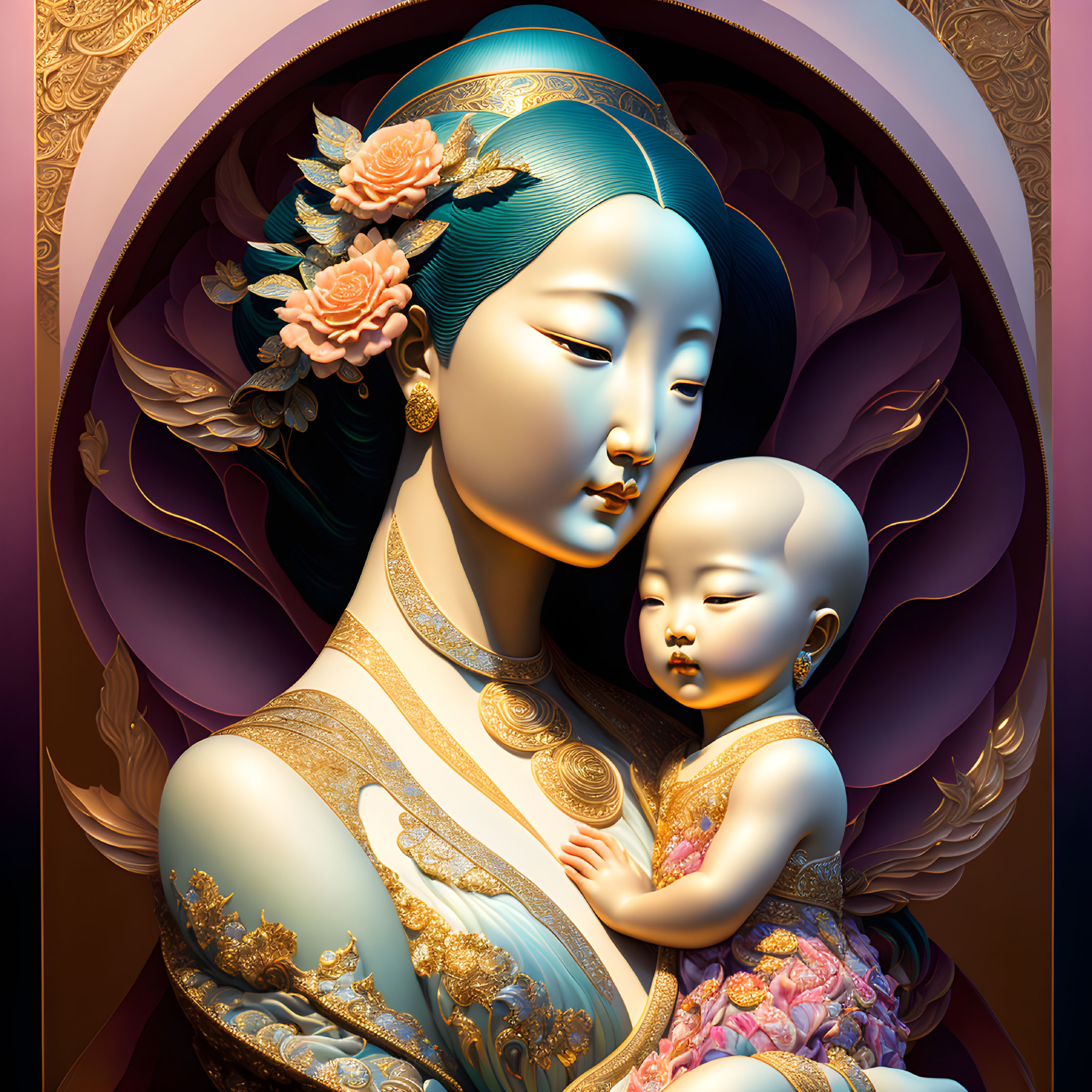 Digital artwork of woman and child in ornate traditional attire with blue skin