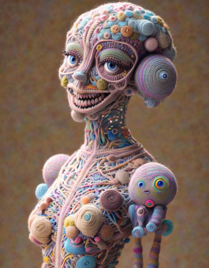 Colorful Textured Sculpture of Surreal Skeletal Figure with Multiple Eyes Holding Small Creature