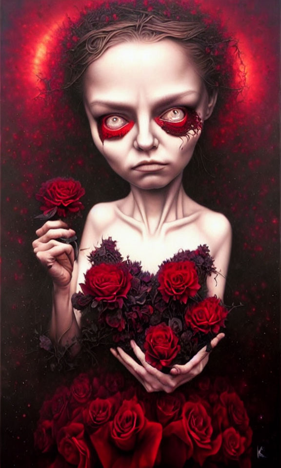 Gothic-style illustration: Pale girl with red irises holding roses