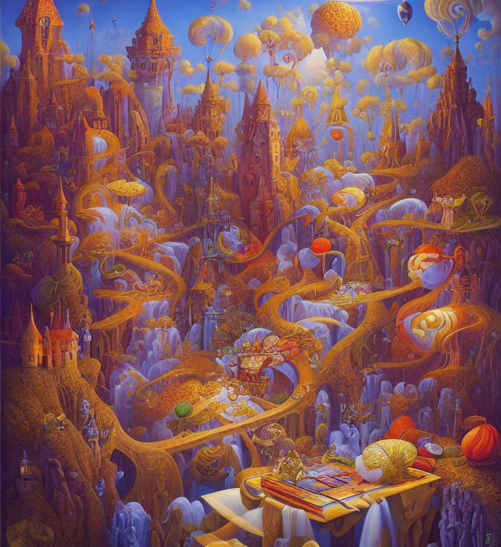 Fantasy landscape with floating islands, castles, and hot-air balloons