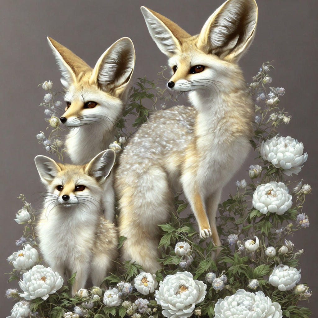 Realistic fennec foxes with large ears in white flower setting