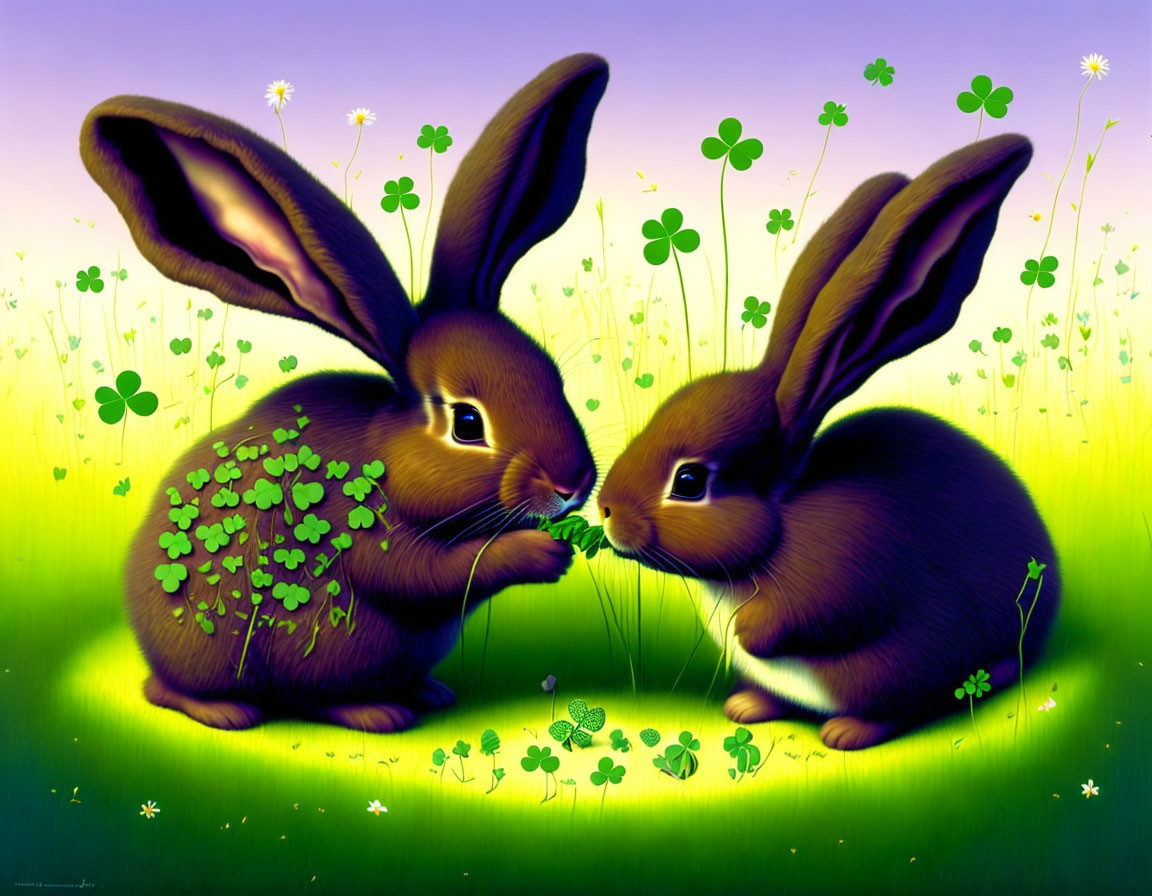 Two animated rabbits in greenery with purple and green backdrop