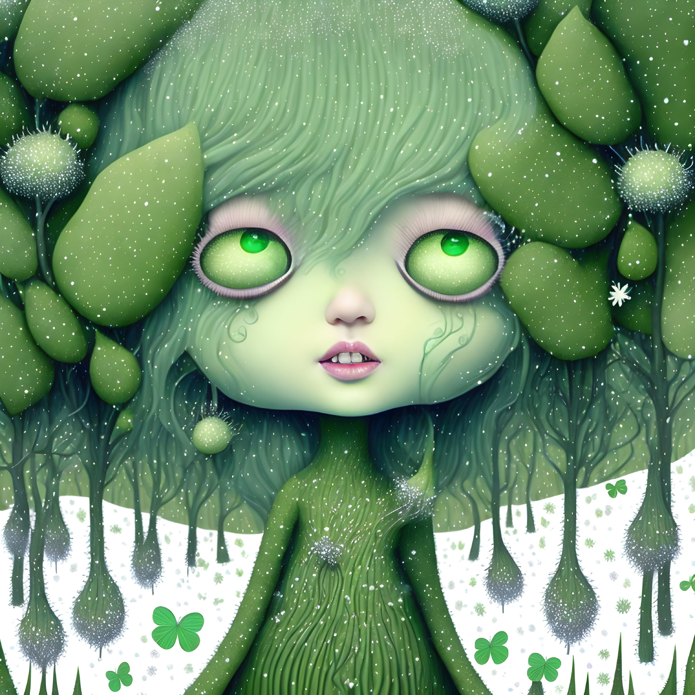 Green forest creature with leafy hair in whimsical environment