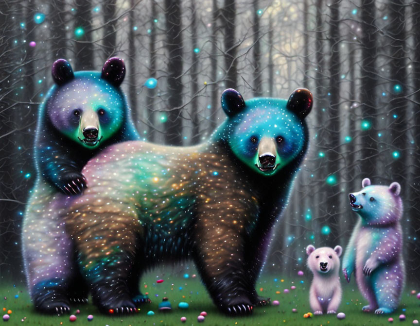 Colorful Galaxy-Patterned Bears in Mystical Forest Setting