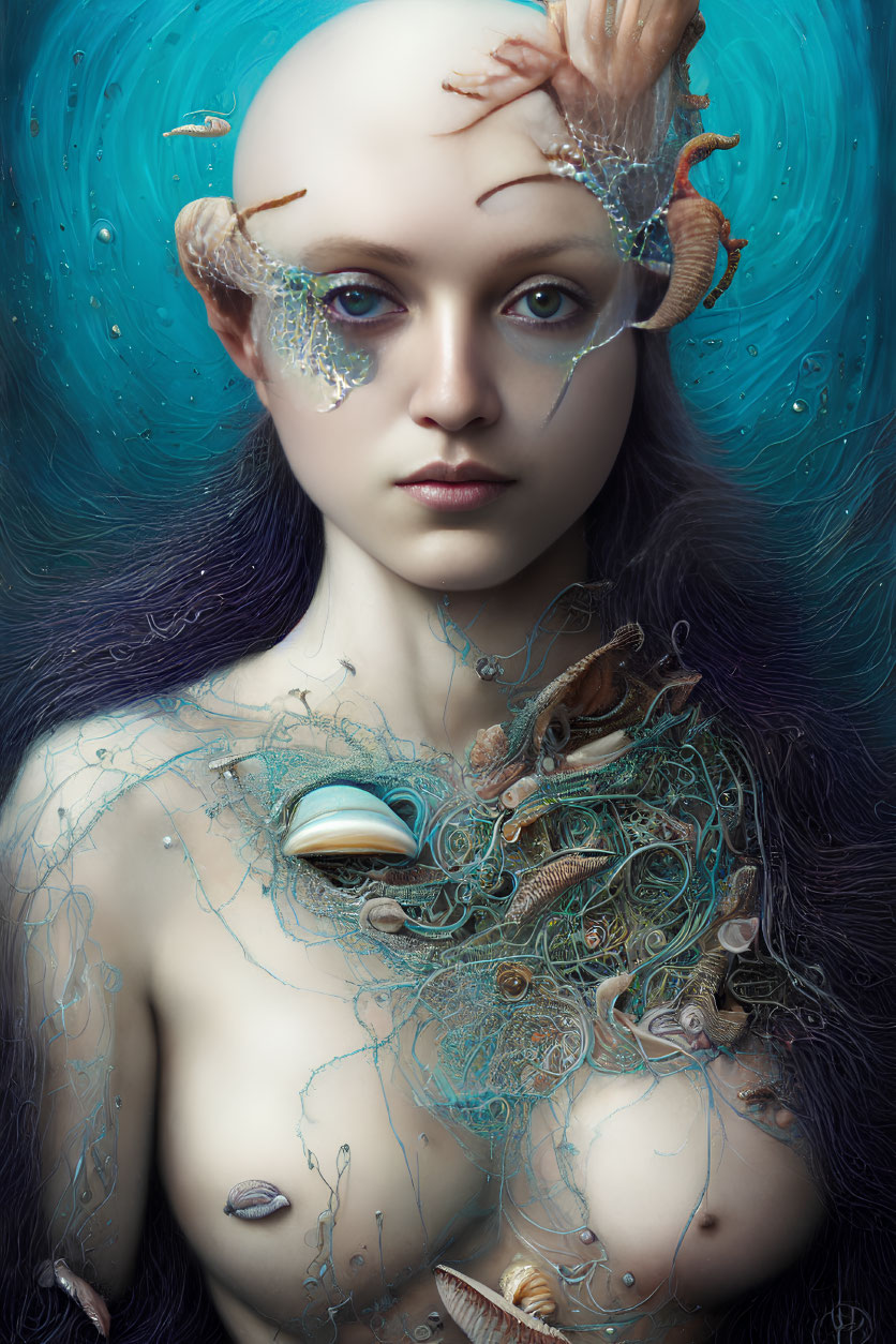 Surreal portrait of person with blue hair and sea-themed body art