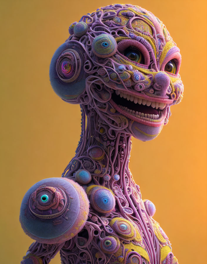 Colorful creature with multiple eyes and smiling face on dual-tone background