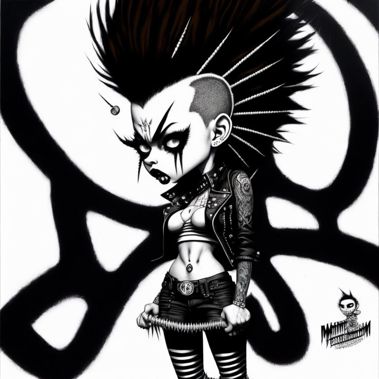 Monochromatic punk-style female character with mohawk and leather jacket