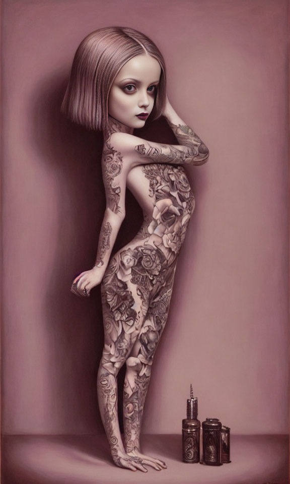 Stylized painting of tattooed woman with large eyes and ink bottles