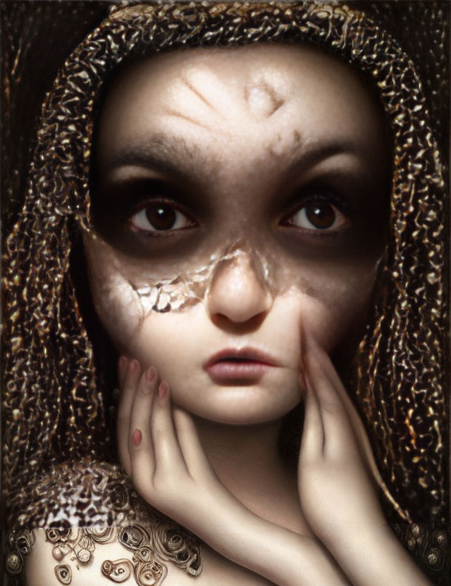 Portrait of a person with dramatic eye makeup and cracked skin texture with intricate henna-like patterns.