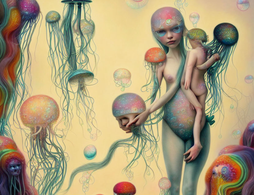 Surreal painting of humanoid figure with jellyfish creatures in dreamy multicolored backdrop