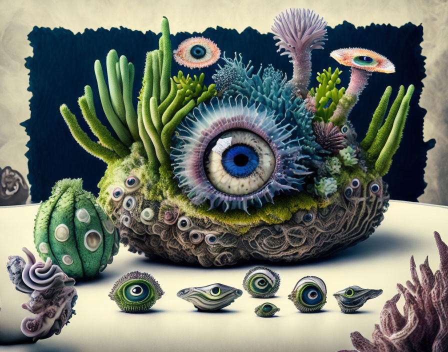 Surreal eye-themed organic shapes on pastel surface