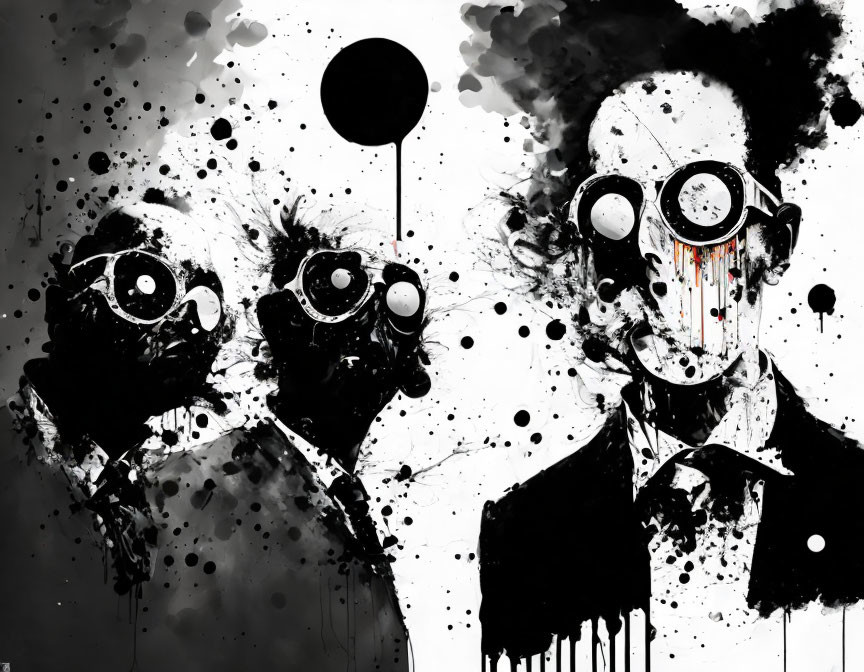 Abstract black and white faces with splattered paint details and a balloon