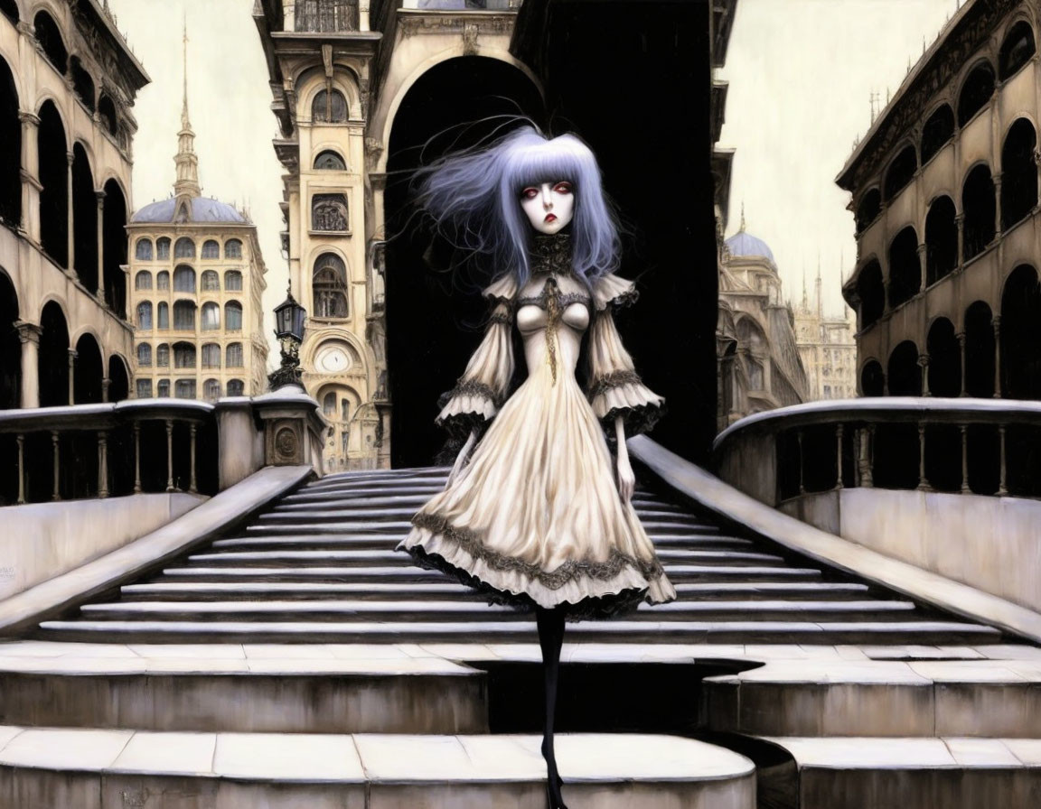 Pale-skinned animated girl with blue hair in gothic attire on a European-style bridge.