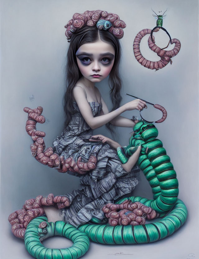 Gothic-style illustration: girl with large eyes, green snakes, needle in surreal, eerie setting