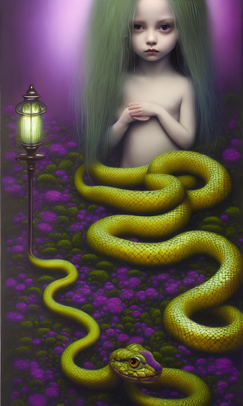 Whimsical artwork of girl with green hair and serpent in surreal setting