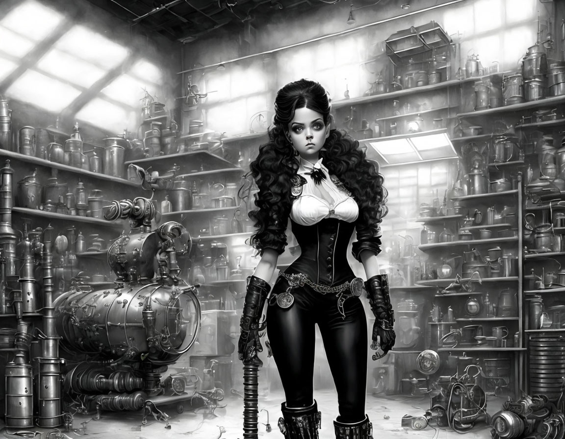 Gothic anime-style female character in steampunk workshop