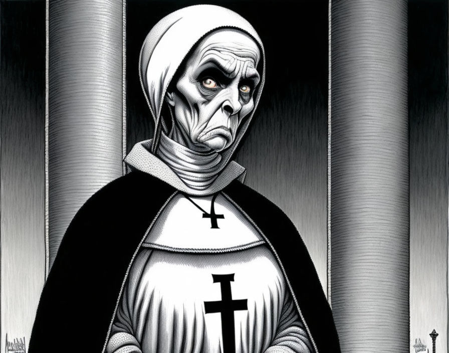 Illustration: Displeased nun with exaggerated features in habit with cross.