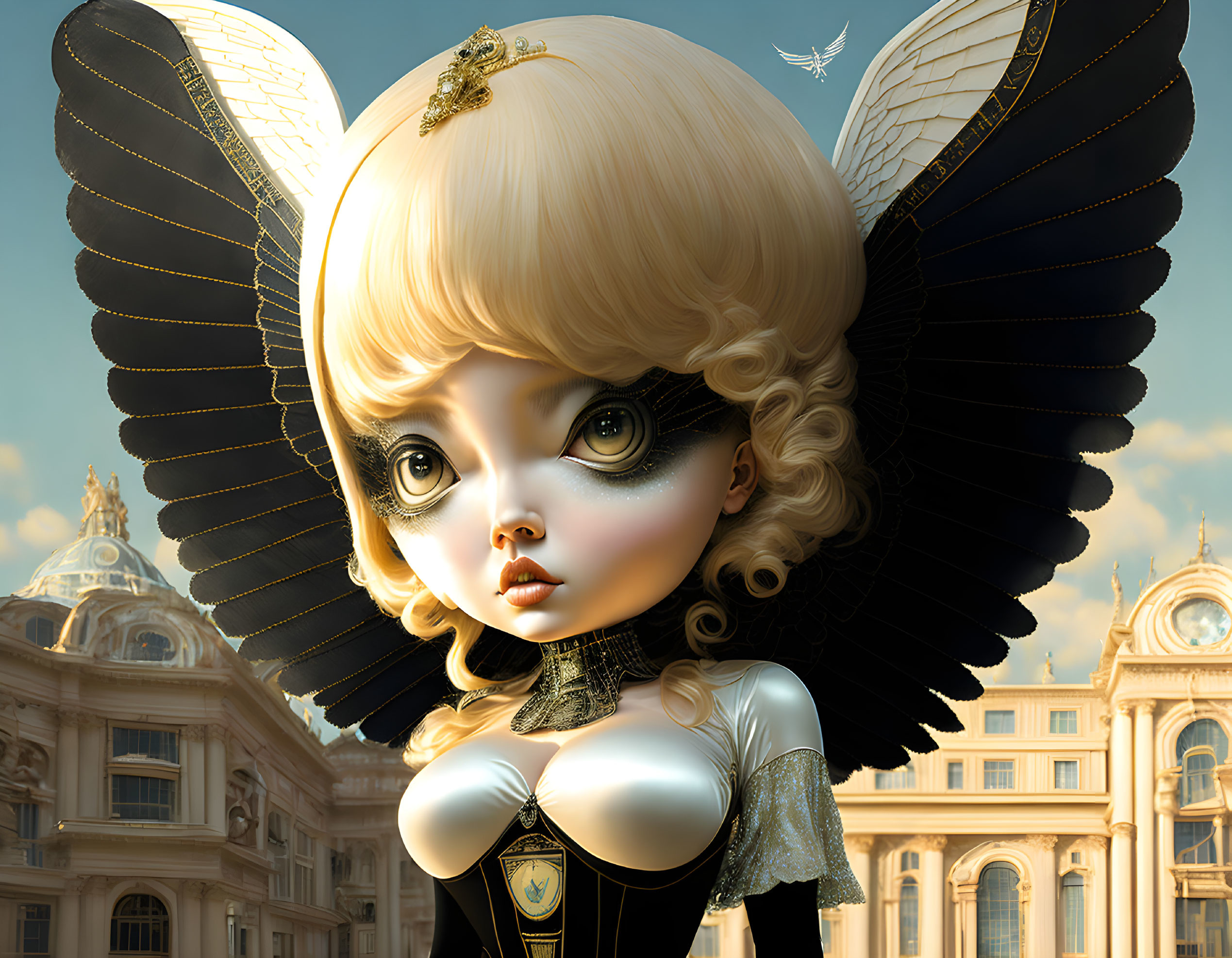 Digital Artwork: Doll-like Character with Expressive Eyes, Golden Hair, Ornate Black Wings,