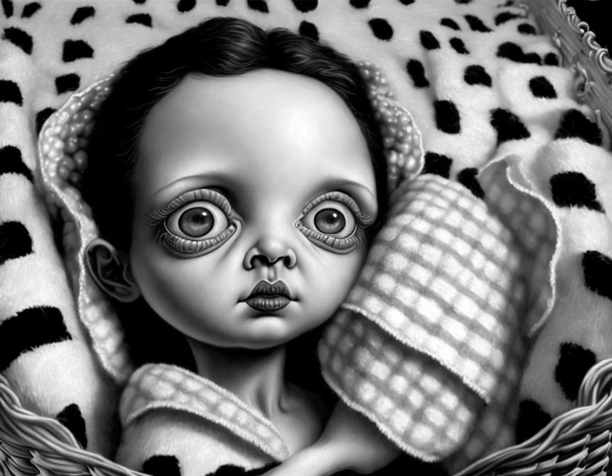 Monochromatic child illustration with four eyes and Dalmatian-patterned blanket