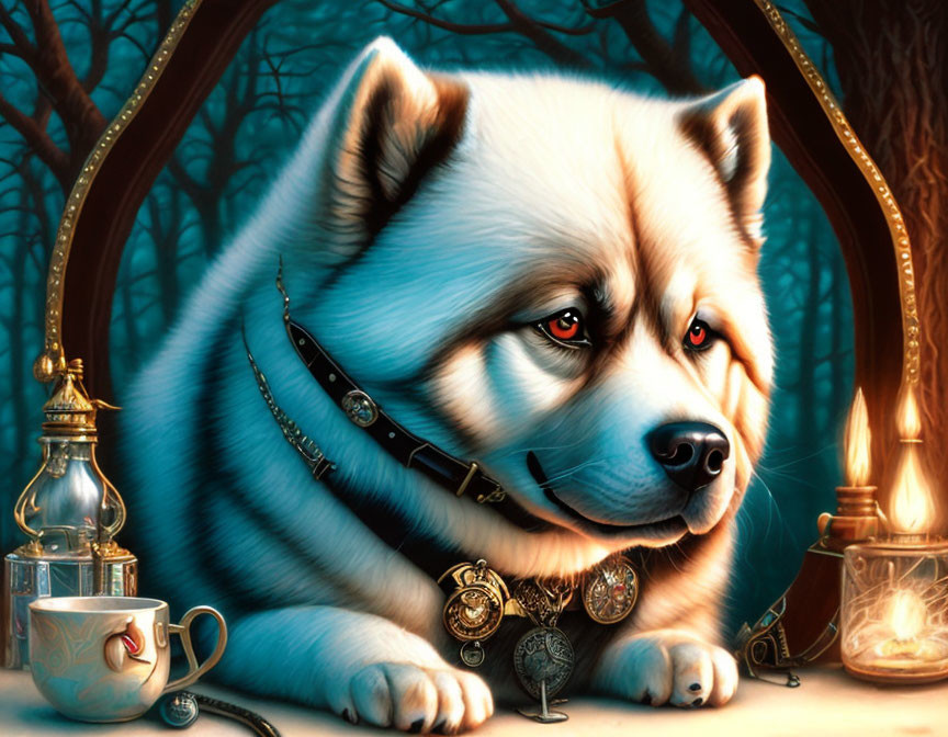 Illustration of husky with blue eyes in mystical forest setting with pocket watch, cup, and lantern