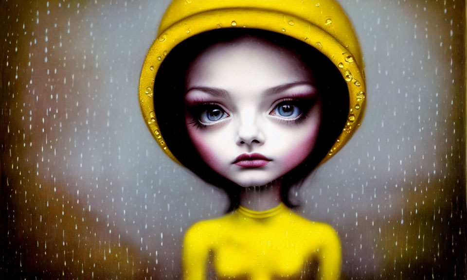 Stylized doll-like character with large eyes and yellow hood in rain-dappled effect