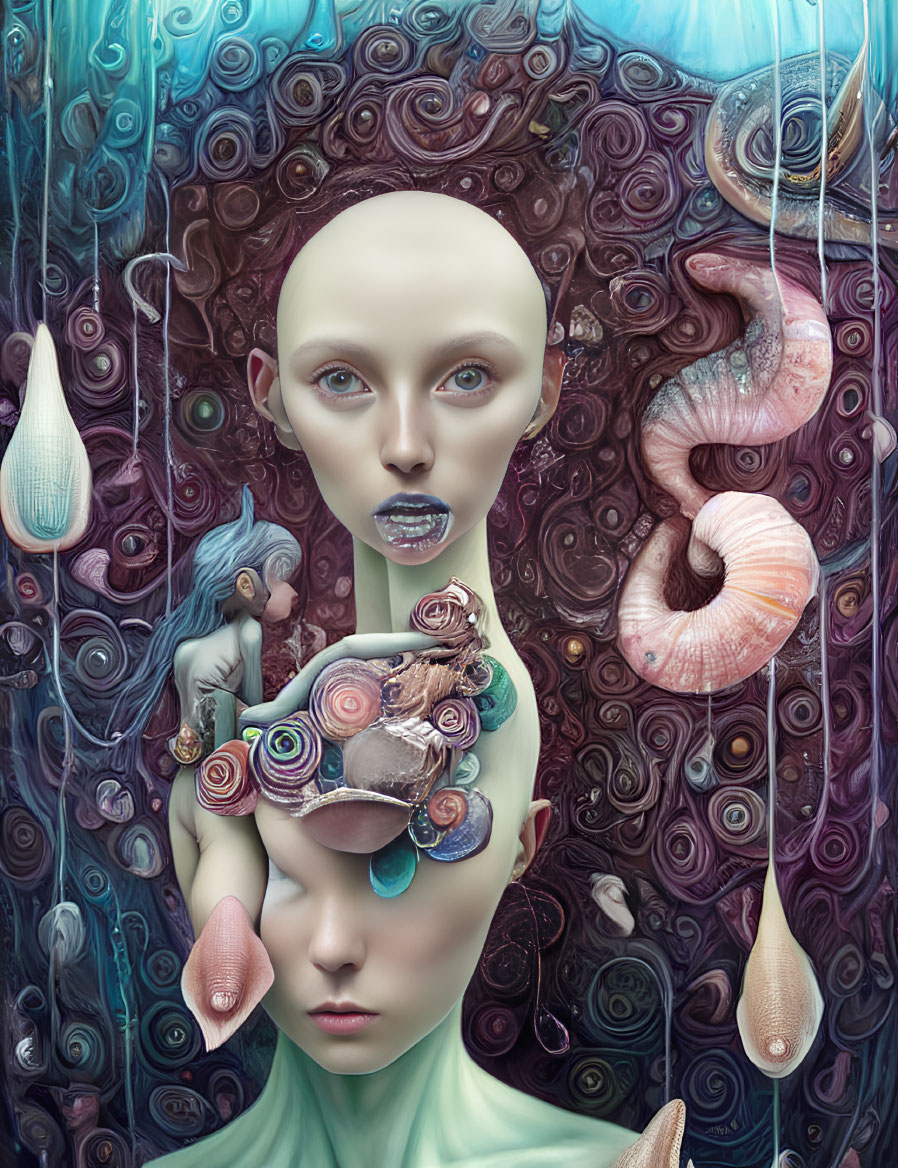 Surreal portrait featuring bald figure with sea creatures and swirling patterns