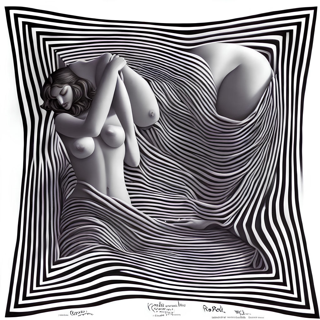 Monochrome stylized nude woman reclining in 3D optical illusion