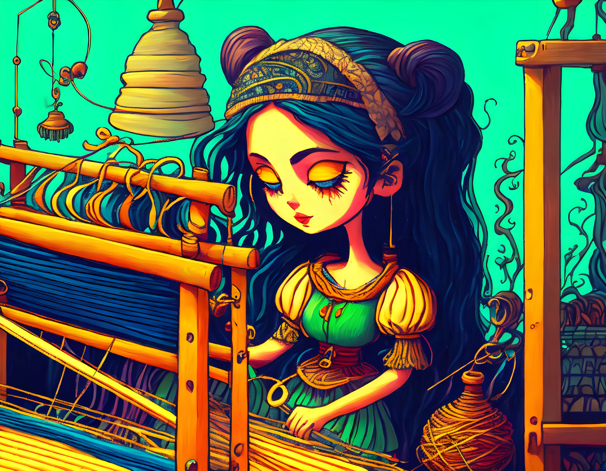 Detailed illustration of girl with dark hair weaving on colorful loom