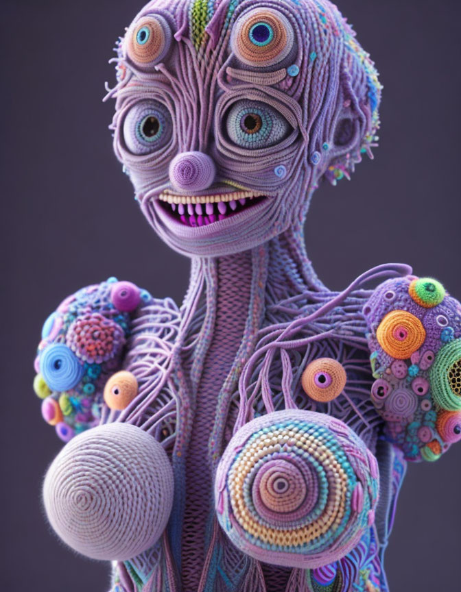 Colorful 3D character with spiral patterns and multiple eyes