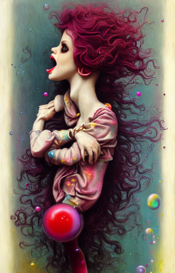 Vibrant painting of woman with red hair in magical setting