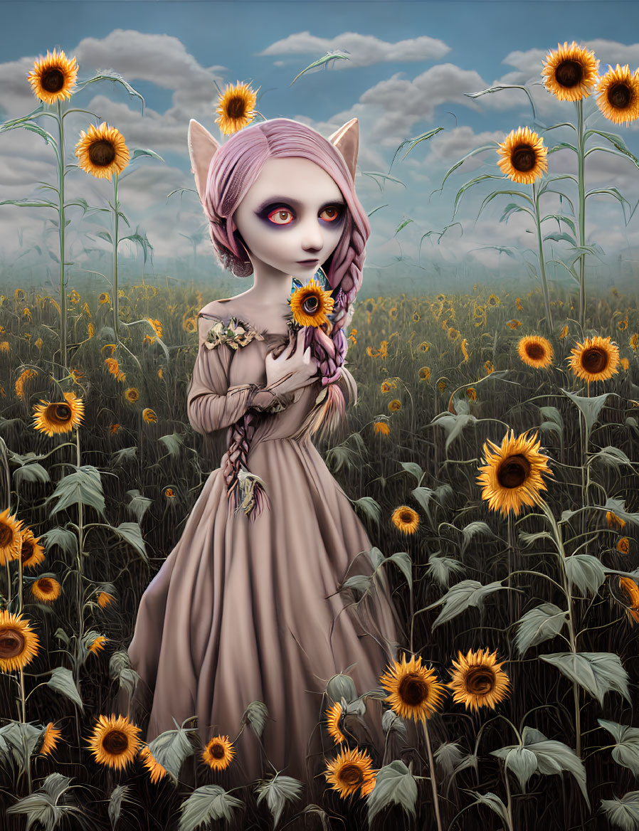 Character with cat-like face holding sunflower in sunflower field under cloudy sky