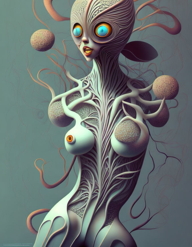 Surreal alien creature with blue eyes, tree-like structures, tendrils, and spherical nodes on