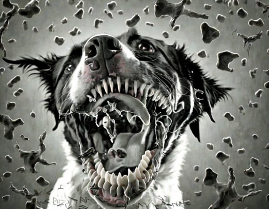 Surreal image: Dog with multiple rows of teeth and bone fragments on grey backdrop