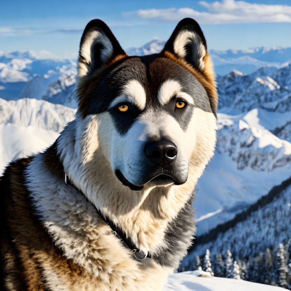 Bi-colored eyed Alaskan Malamute in snowy mountain scenery