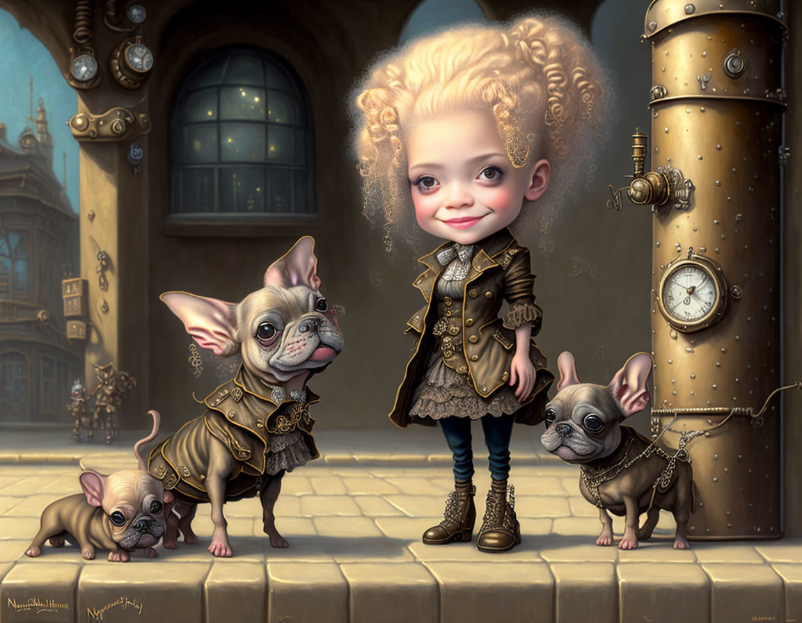 Smiling child in steampunk outfit with French bulldog puppies