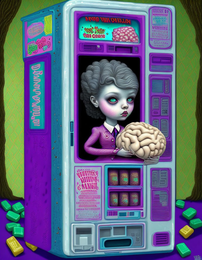 Surreal illustration: Purple vending machine, humanoid female with oversized brain, green cubes on wood grain