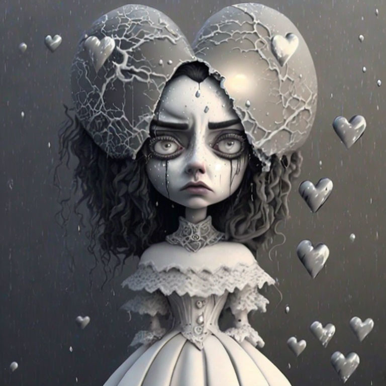 Surreal monochrome illustration of girl with cracked spherical ears and floating hearts