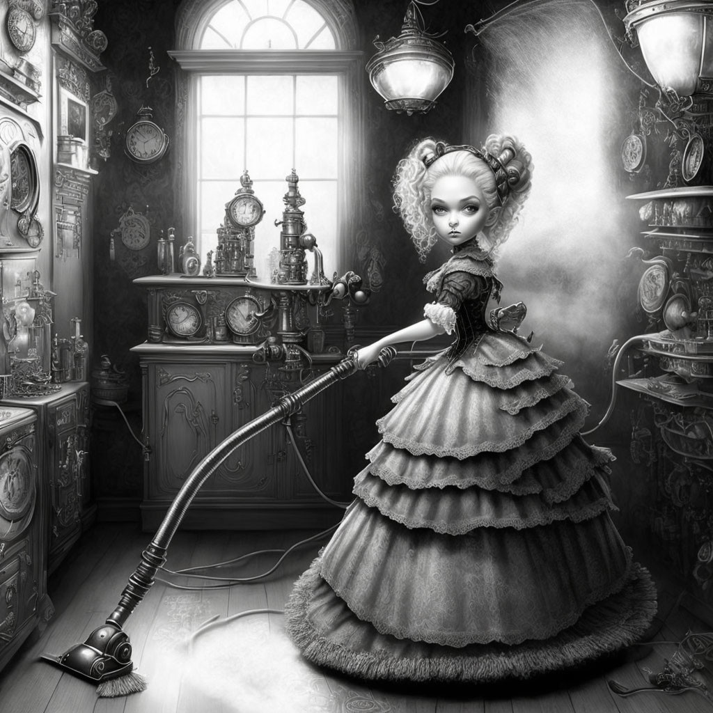 Monochromatic image of doll-like girl with vacuum cleaner in vintage room