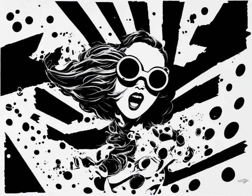 Monochrome graphic illustration of woman with sunglasses and flowing hair