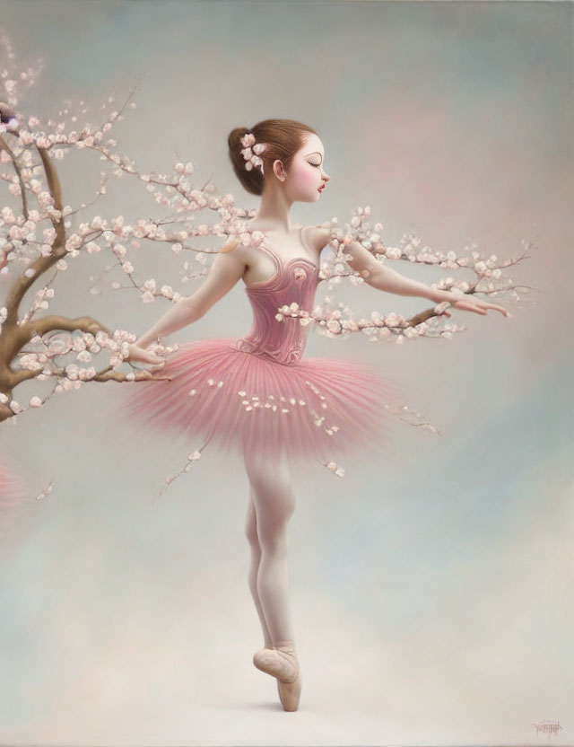 Ballerina in Pink Tutu Amidst Cherry Blossoms