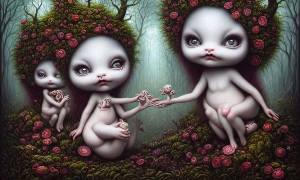 Surreal artwork: Three cat-like creatures with floral crowns in mystical forest