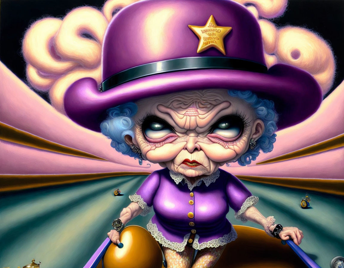 Elderly woman in surreal illustration with exaggerated features and maracas