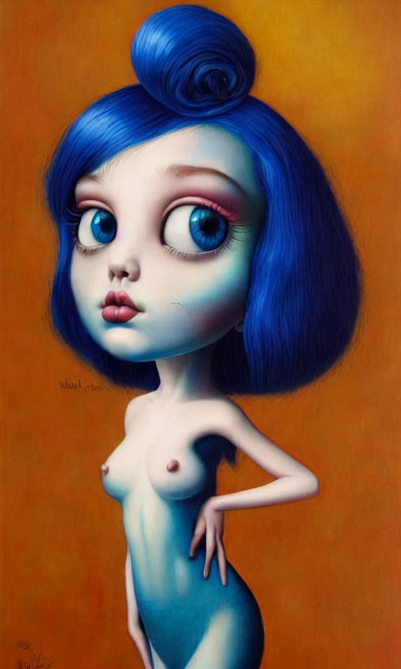 Stylized painting of female character with large eyes and blue hair