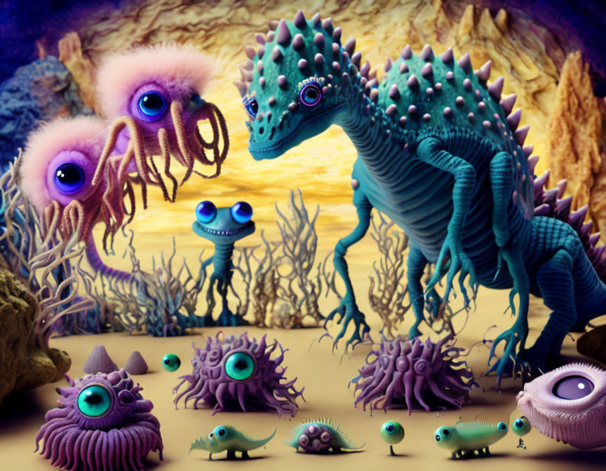 Vibrant surreal underwater scene with quirky marine creatures