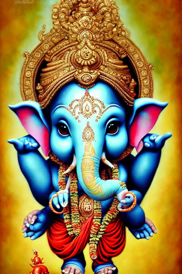 Vibrant Lord Ganesha illustration with elephant head and intricate details on golden background