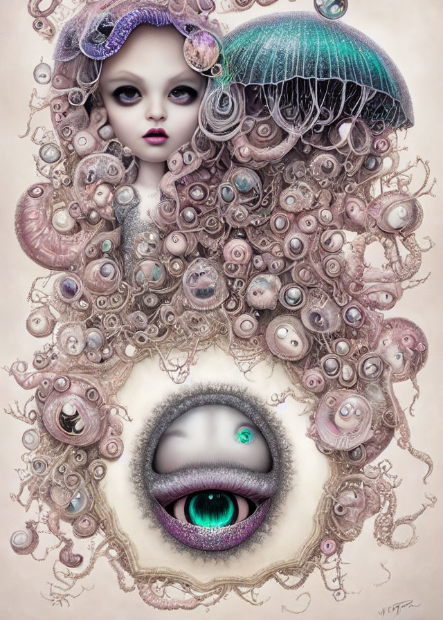 Surreal doll-like face with central eye, surrounded by tentacles and aquatic creatures in pastel